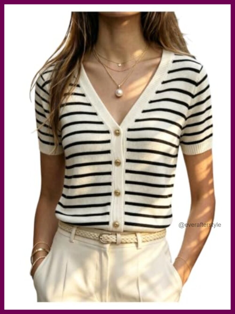 Women's Striped Short Sleeve Button Down Knit Cardigan Sweater